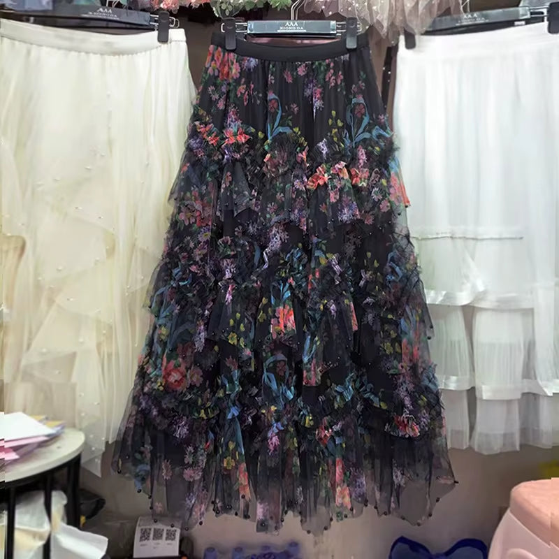 Fairycore Bohemian Harajuku Print Tiered Skirt
