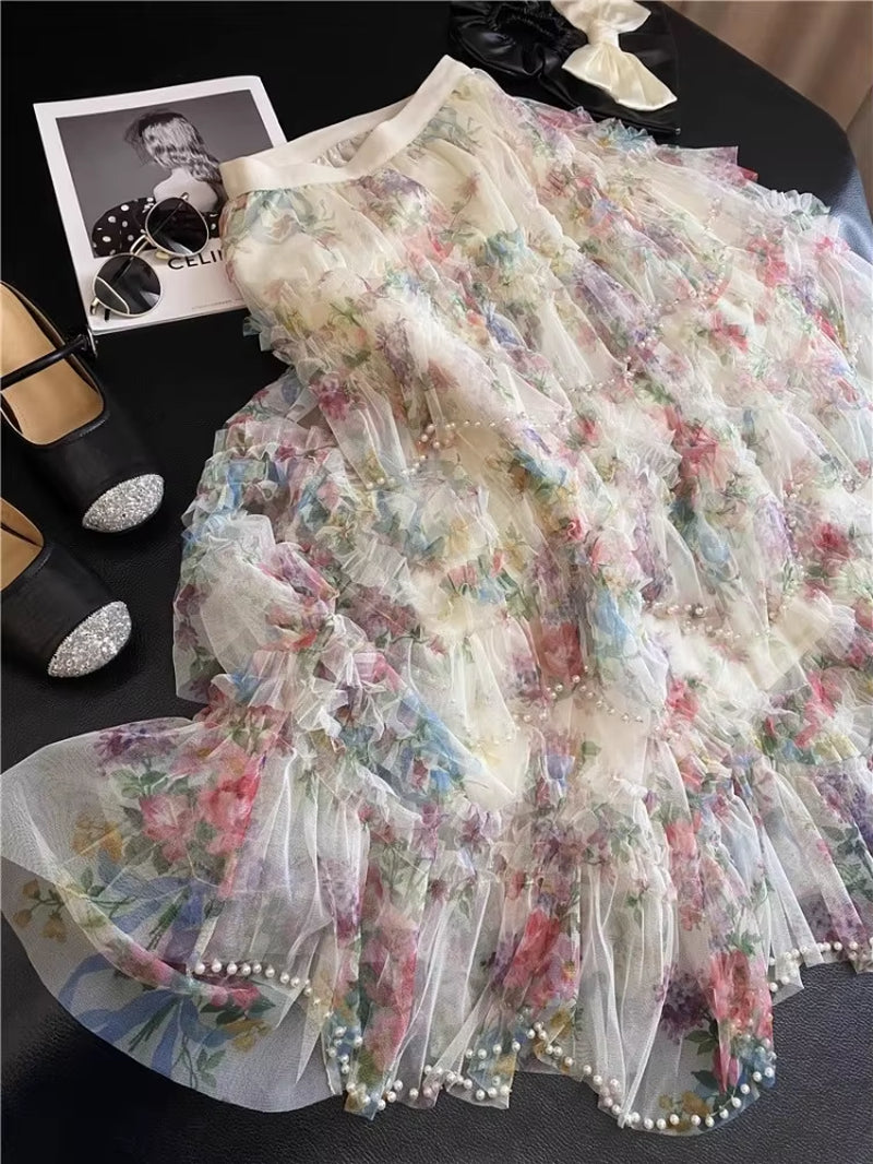 Fairycore Bohemian Harajuku Print Tiered Skirt