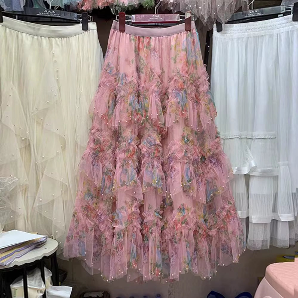 Fairycore Bohemian Harajuku Print Tiered Skirt