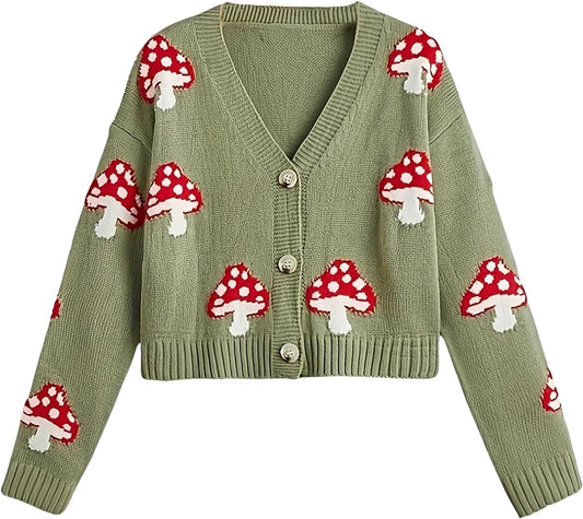 Chic Women's Mushroom Print Cardigan Sweater - Long Sleeve V-Neck Knit Crop Top