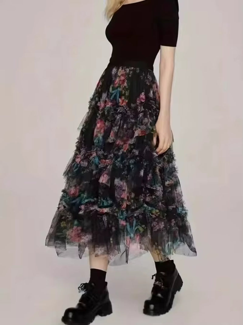 Fairycore Bohemian Harajuku Print Tiered Skirt